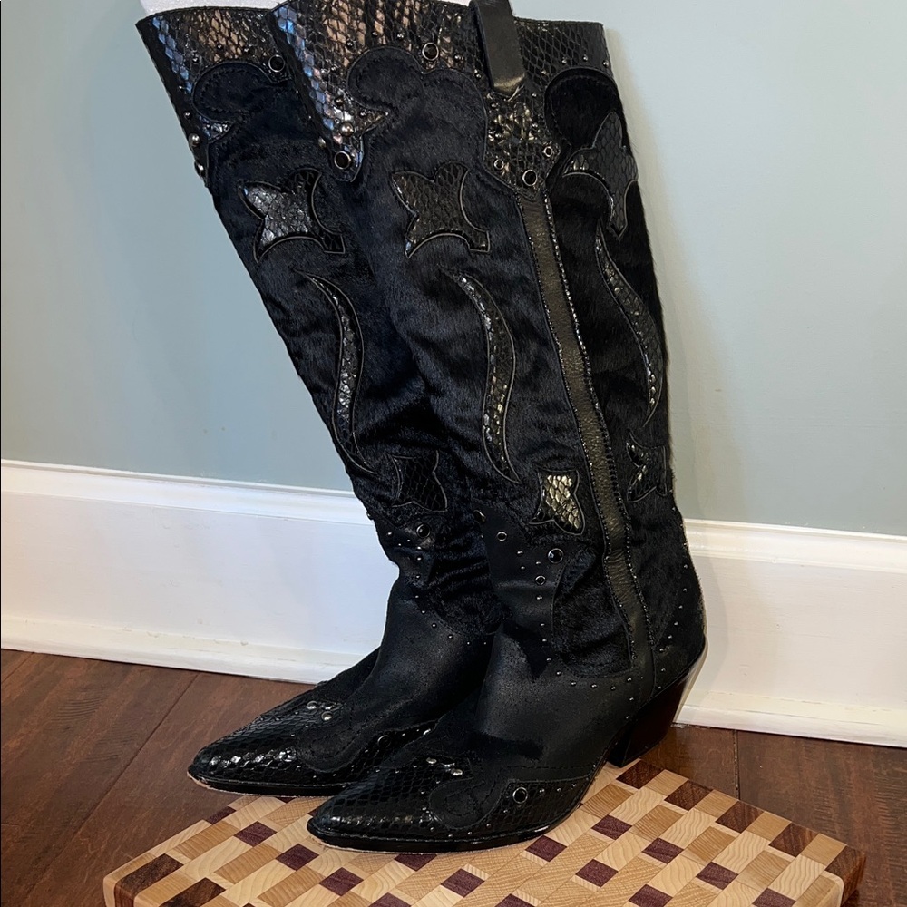 Donald J. Pliner Black Leather Accented Cowboy Boots Sz 9 - Picture 8 of 11